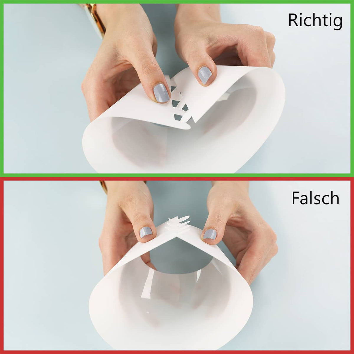 Steckanleitung, so geht es richtig. Oben sieht man wie es richtig gemacht wird und unten im Bild die falsche Art.