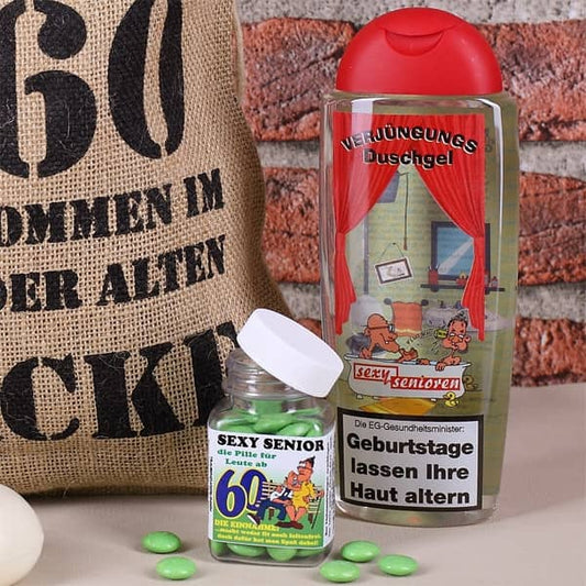 Pillen und Duschgel zum 60. Geburtstag
