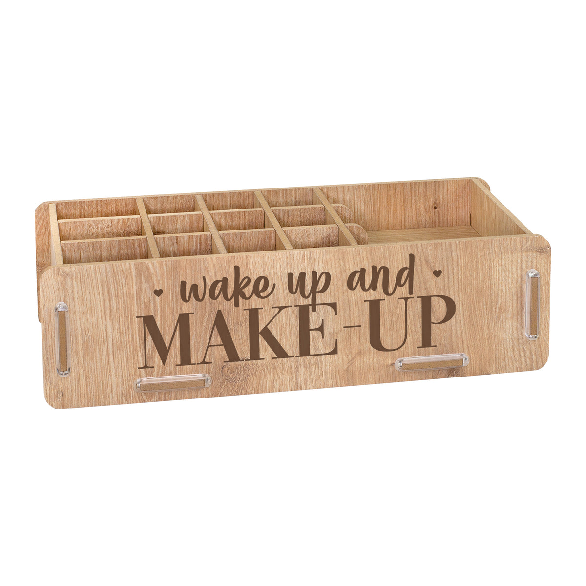 Freigestellter Make-up Organizer in Eiche-Optik mit Schriftzug wake up and MAKE-UP und vielen Fächern