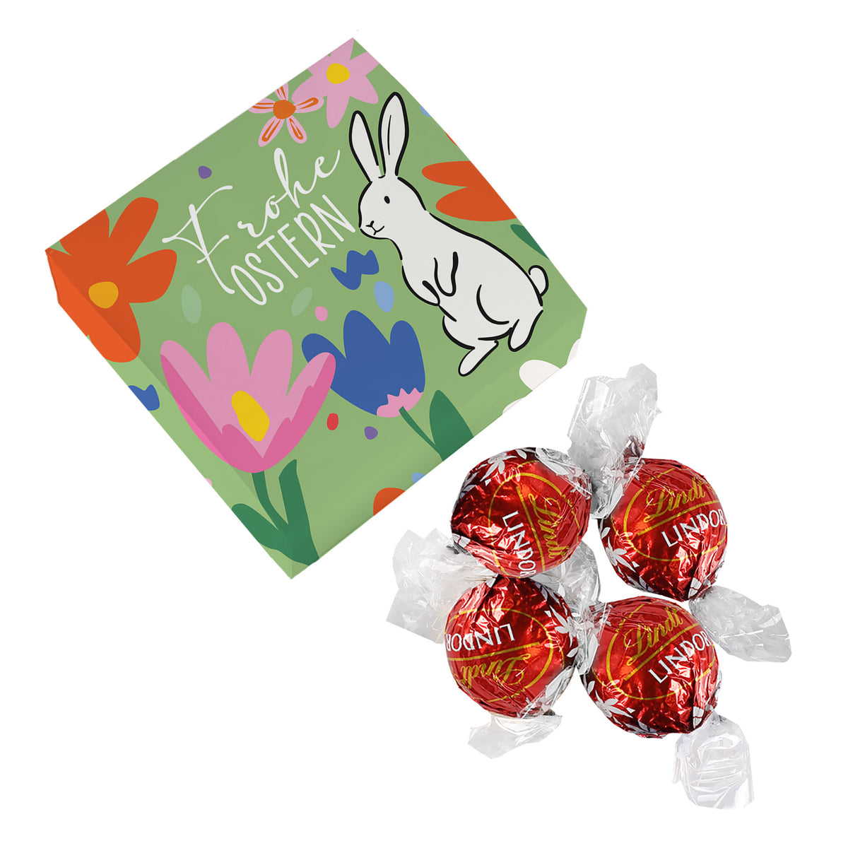 Oster Geschenkverpackung mit Lindor Kugeln und Frohe Ostern Schriftzug