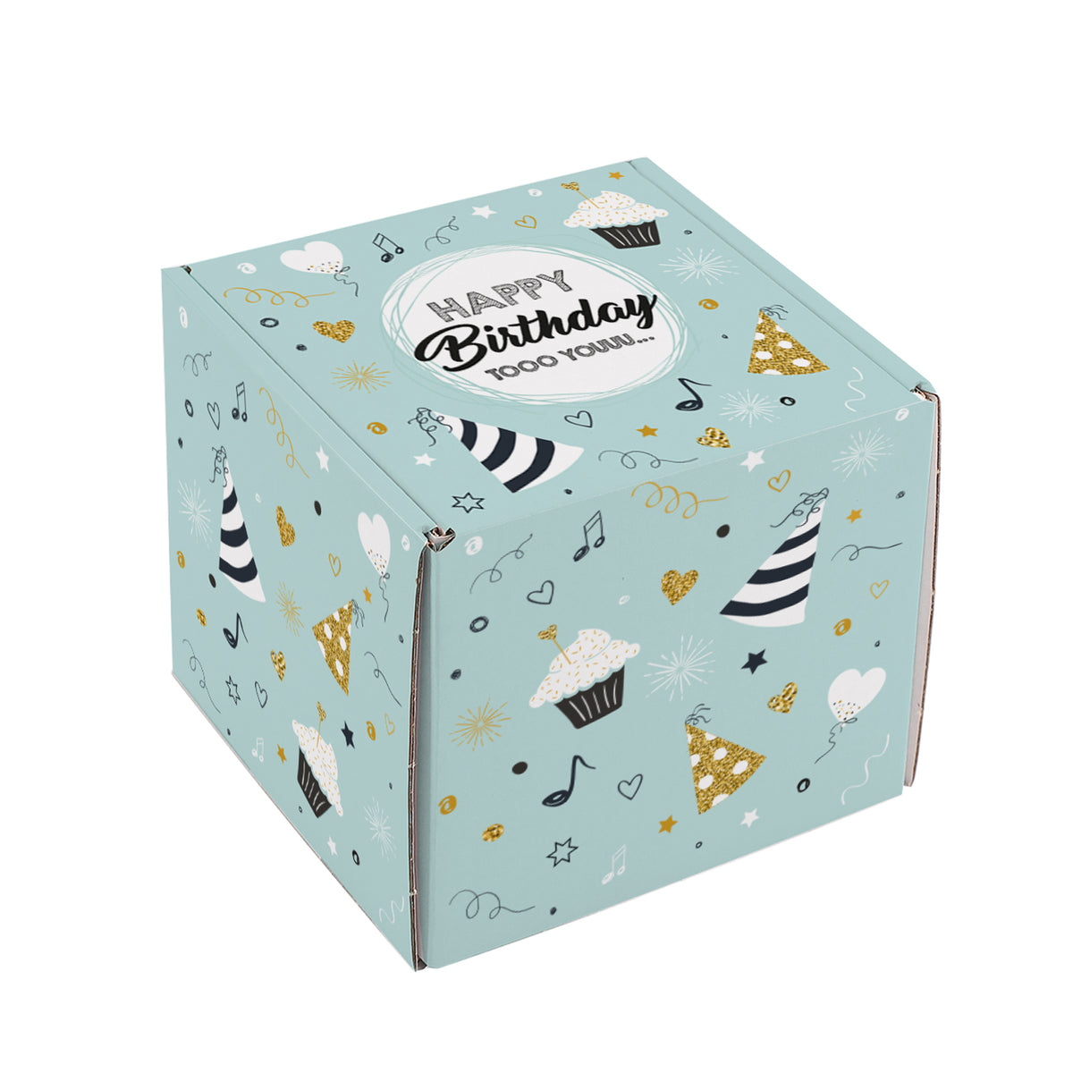 Freigestellte Ansicht der Geburtstagsbox mit Aufdruck „Happy Birthday tooo youuu…“