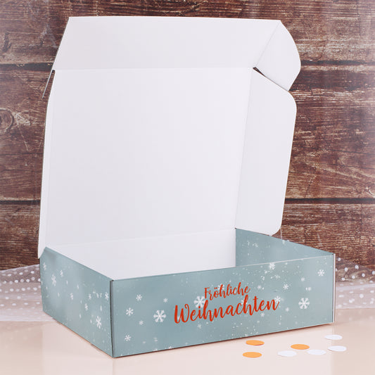 XL-Geschenkbox Weihnachten mit Wichtelmotiv – Vorderansicht mit Schriftzug „Fröhliche Weihnachten“