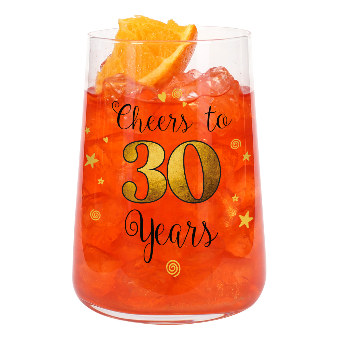 Trinkglas zum 30. Geburtstag mit orangefarbenem Cocktail, Eiswürfeln und Orangengarnitur