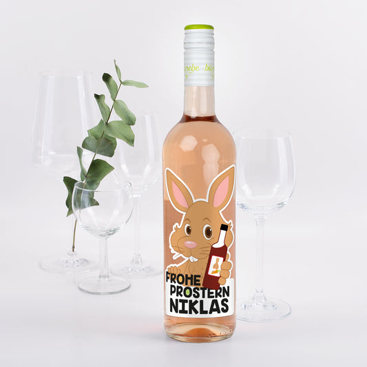 Frohe Prostern - Weinflasche zu Ostern mit bedrucktem Etikett | Biorebe Wein als Geschenk
