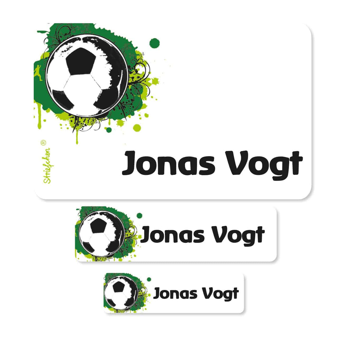 3 verschiedene Größen mit Name und Fußball bedruckt