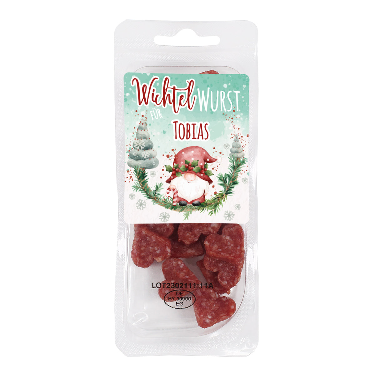 Einzelaufnahme des weihnachtlichen Wichtel-Wurst-Etiketts mit personalisiertem Namen.
