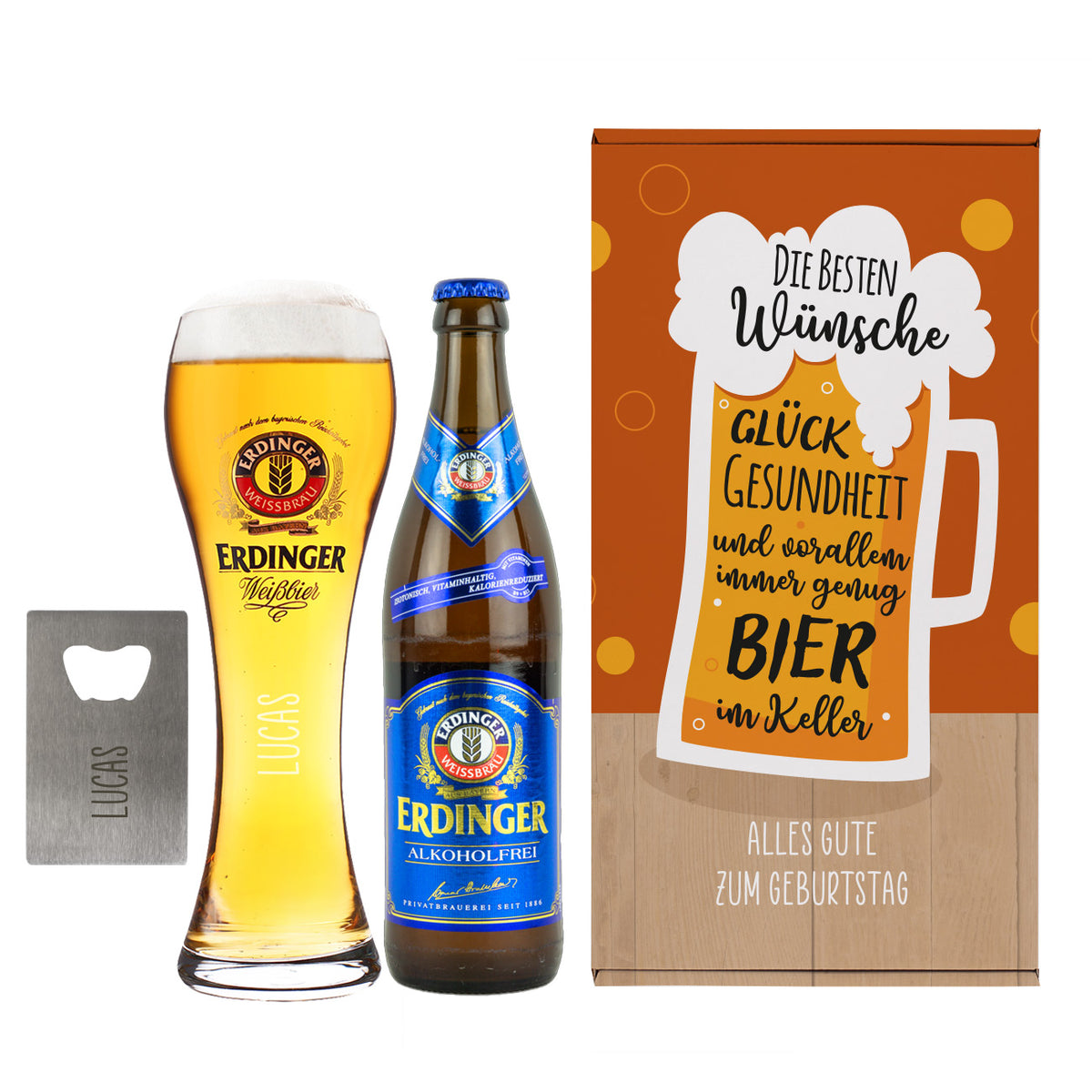 Geschenkset mit lustigem Spruch für Männer mit Flaschenöffner, Erdinger 0,5L alkoholfrei, Weizenbierglas und einer personalisierten Geschenkverpackung vor weißem Hintergrund