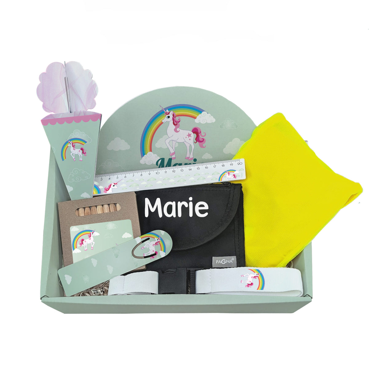 Freigestelltes Geschenkset zur Einschulung mit Einhorn-Motiv in mintgrün und rosa