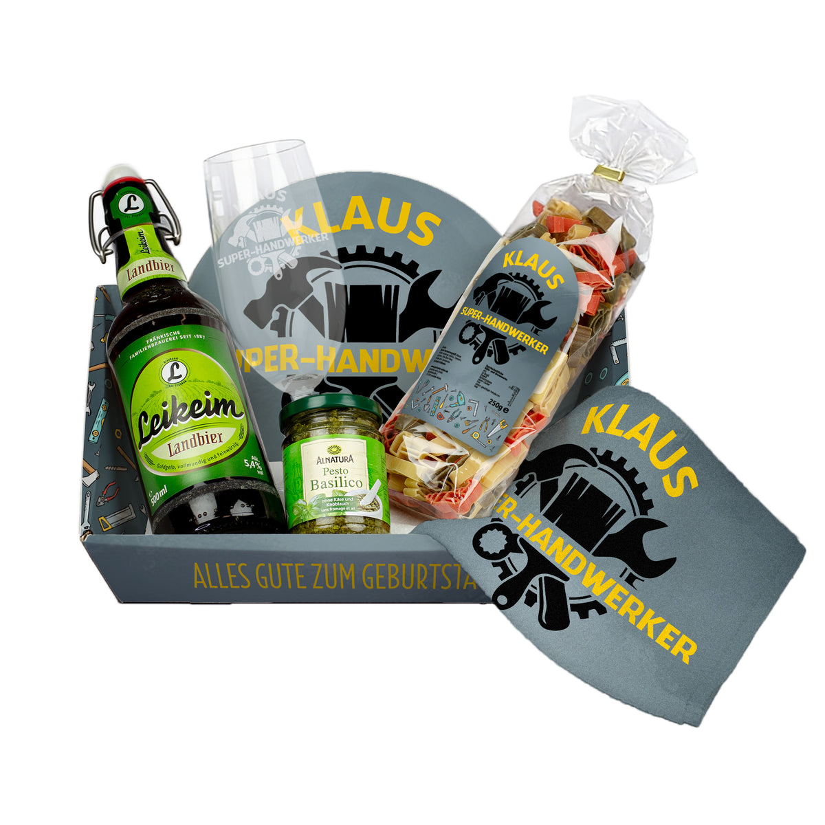Personalisierter Handwerker-Geschenkkorb mit Bier, Bierglas, Pasta, Pesto und Handtuch