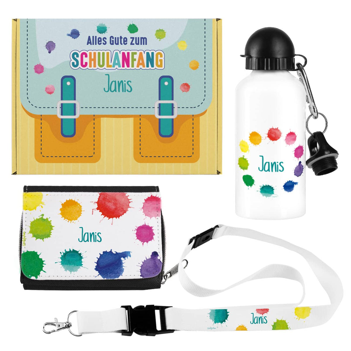Buntes Geschenkset zur Einschulung in Geschenkbox mit Name