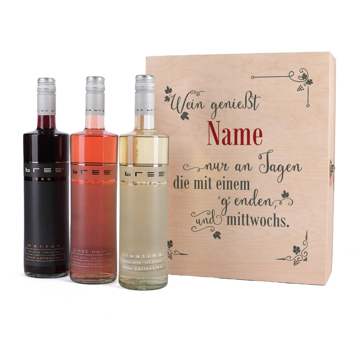 Wein geniesst man nur an Tagen... Wein Geschenk Set in personalisierter Holz Kiste