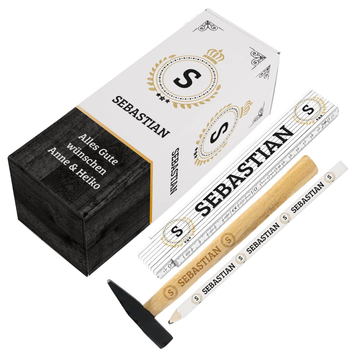 Personalisiertes Set bestehend aus Box, Zollstock, Hammer und Bleistift