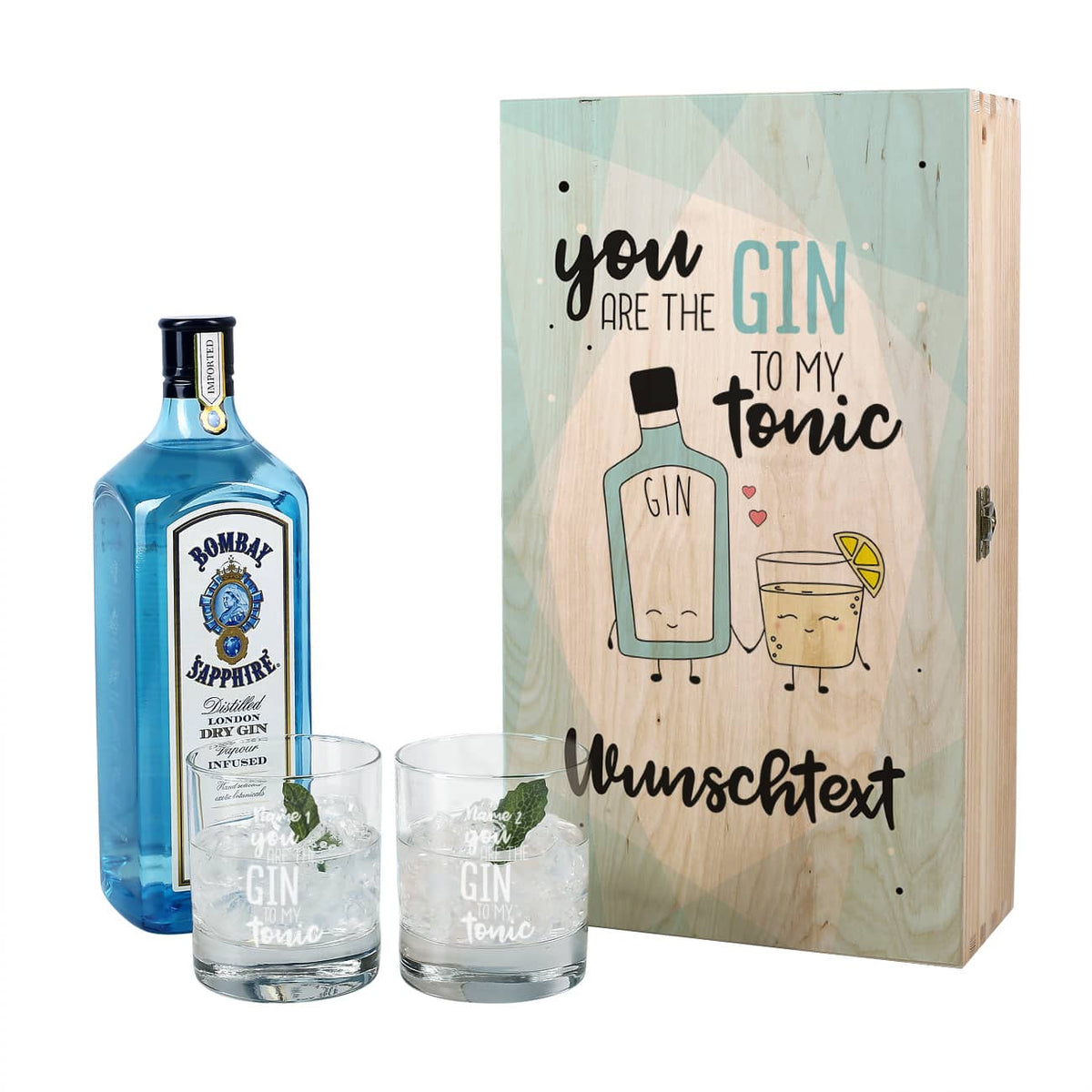 Gin-Geschenkset in bedruckter Holzkiste mit zwei Gläsern und Bombay Gin