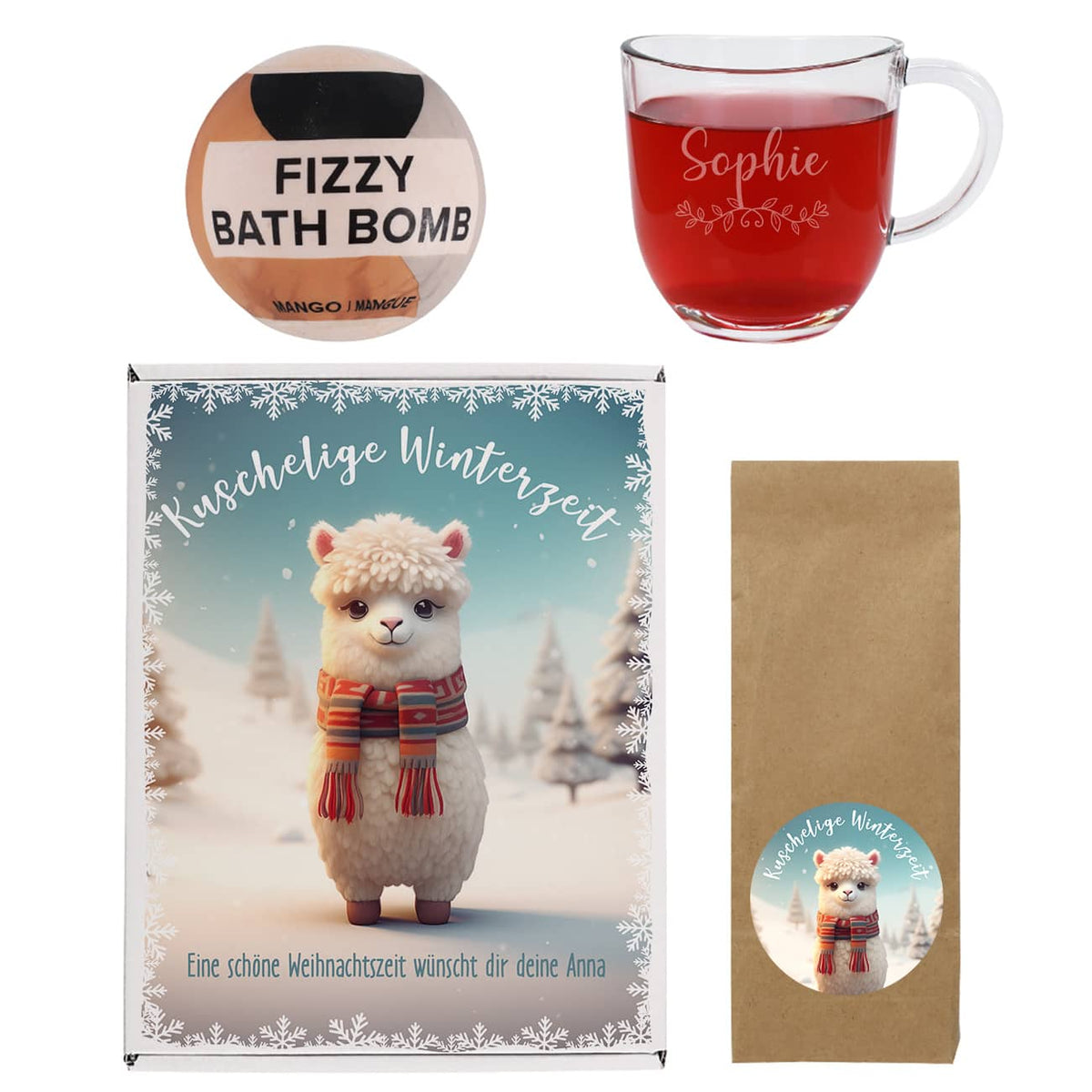 Geschenkset bestehend aus Badekugel, Teeglas, Geschenkverpackung & Tee