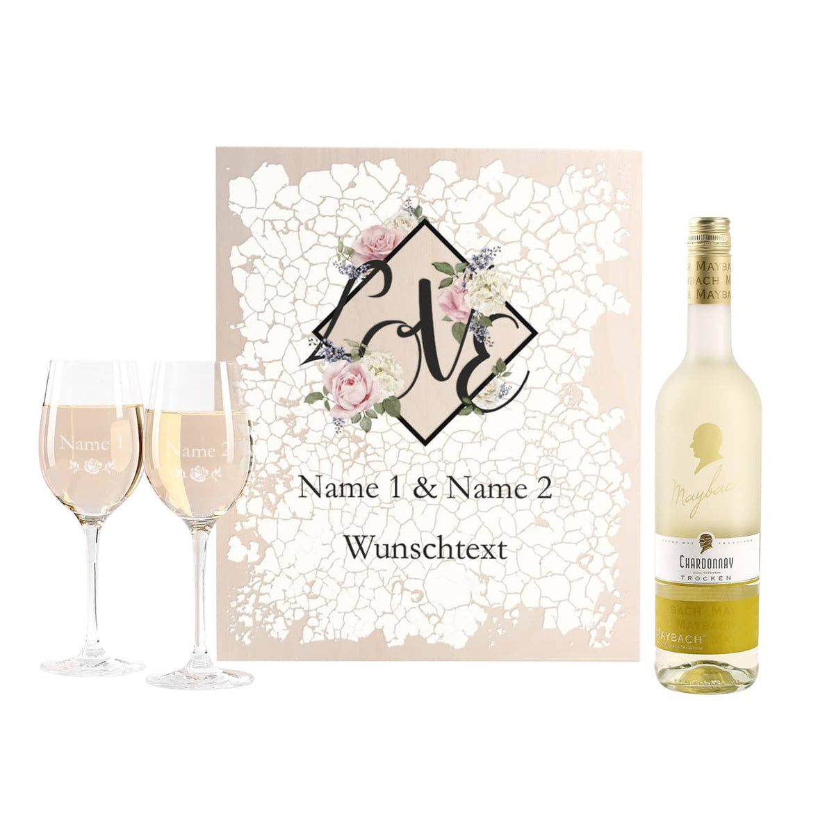 Geschenkset zum Valentinstag mit bedruckter Holzbox, gravierten Weingläsern und frei wählbaren Maybach Weißwein