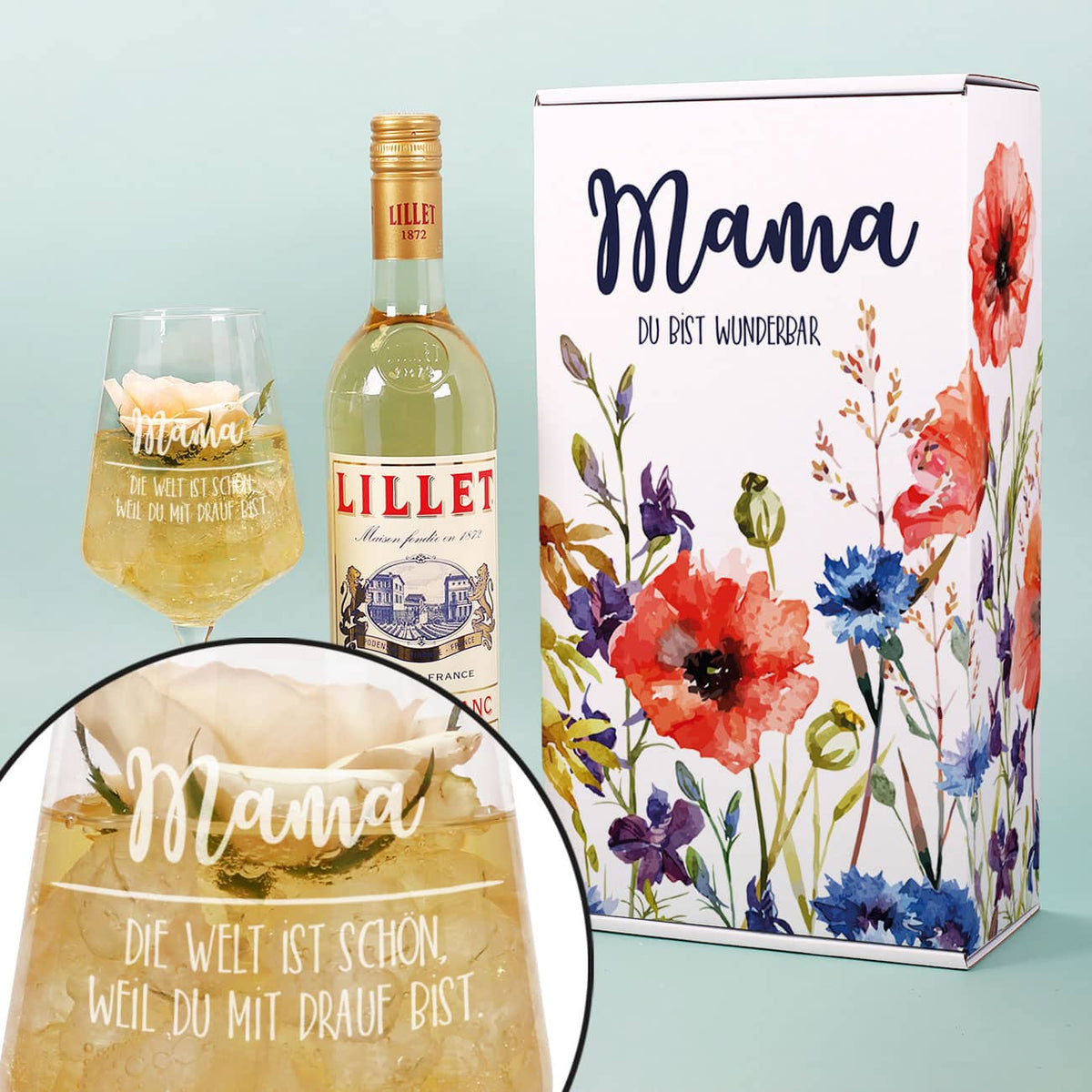 Lillet Geschenkset zum Muttertag mit Geschenkbox und gravierten Leonardo-Weinglas "Die Welt ist schön, weil die mit drauf bist"