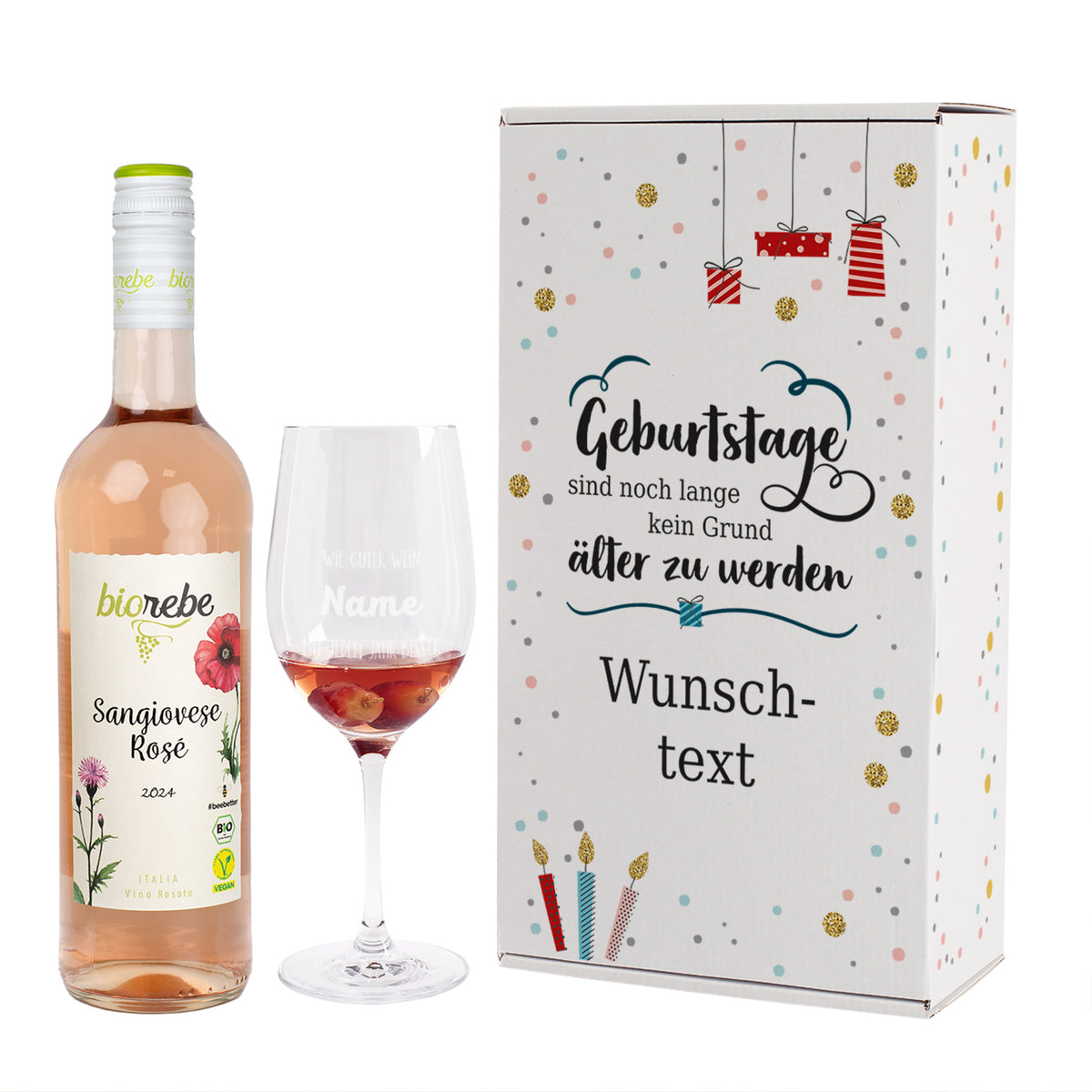 Wein-Set zum Geburtstag mit graviertem Glas in weißer Geschenkbox freigestellt auf weißem Hintergrund