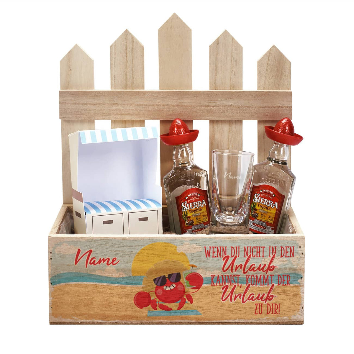Geschenkset Strandurlaub mit Holzkiste, Schnapsglas, Tequila und Deko