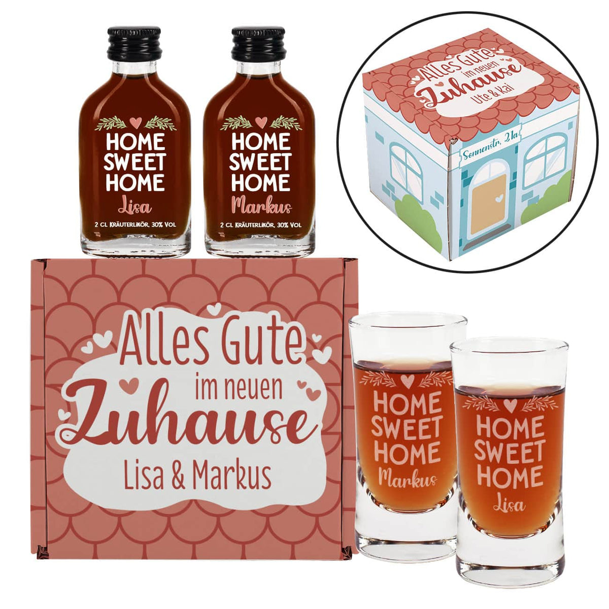 Geschenkset zum Einzug mit Schnapsgläsern, Kräuterlikör und persönlicher Geschenkbox "Alles Gute im neuen Zuhause"