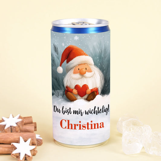 Personalisierte Prosecco-Dose mit Wichtel, Herz und Text Du bist mir wichtelig – Name Christina
