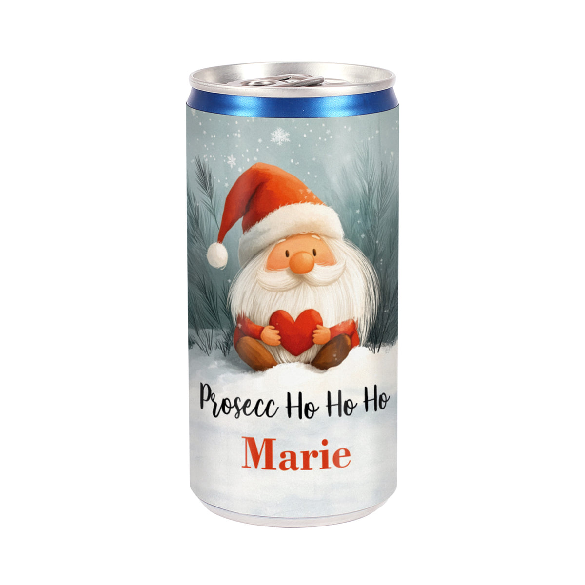 Weihnachts-Prosecco-Dose mit Wichtel und Name Marie – individuell beschriftet