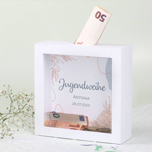 Bilderrahmenspardose zur Jugendweihe mit Name und Datum