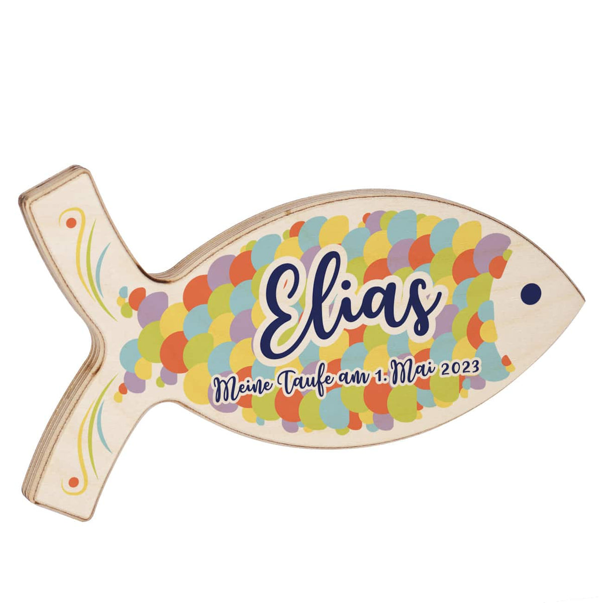 Bunter Fisch aus Holz als persönliches Andenken