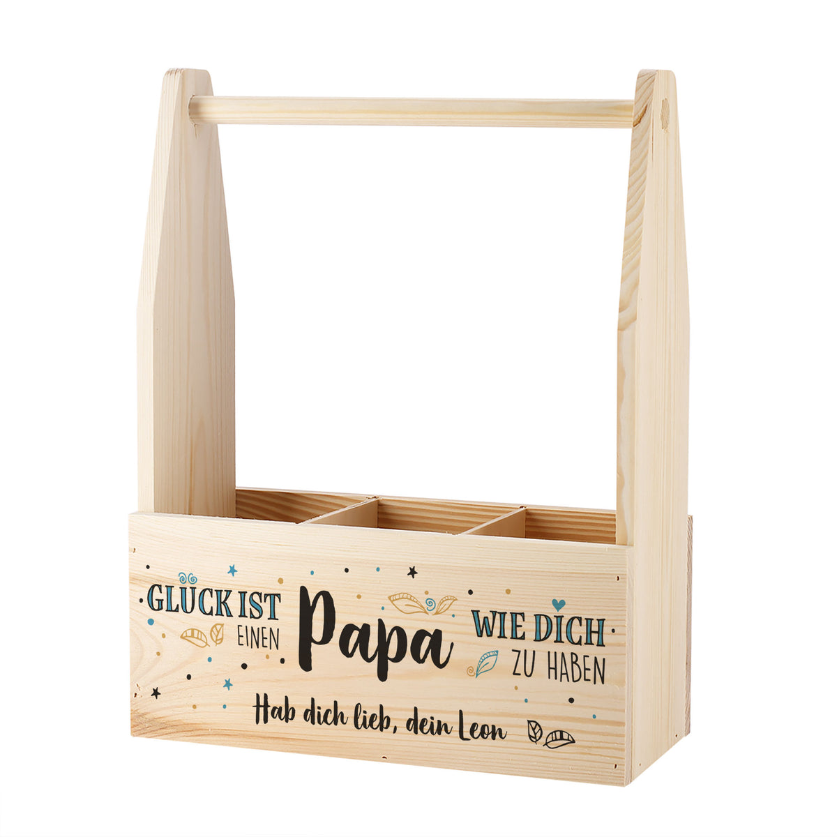 Flaschenträger aus Holz mit Wunschtext | Glück ist, einen Papa wie dich zu haben.