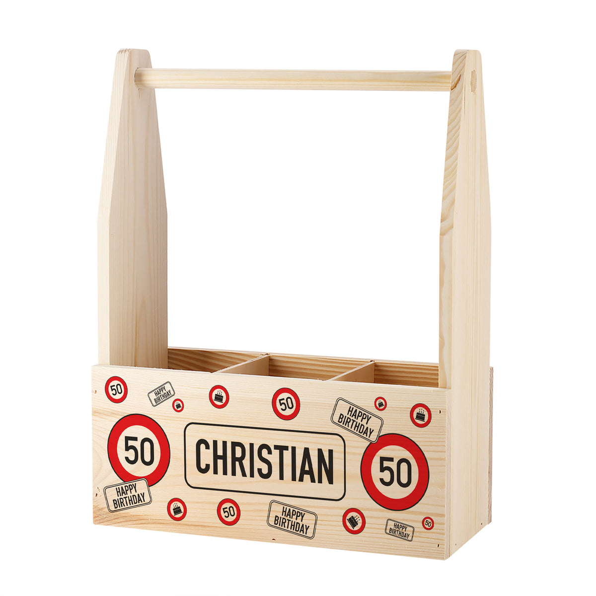 Flaschenträger aus Holz mit Verkehrszeichen, Alter & Name zum Geburtstag o. Jubiläum