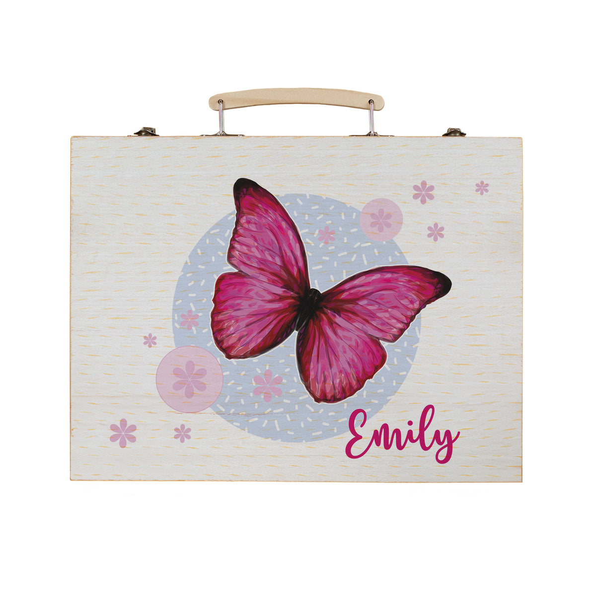 Freigestellter Malkoffer aus Holz mit rosa Schmetterling und Namensaufdruck