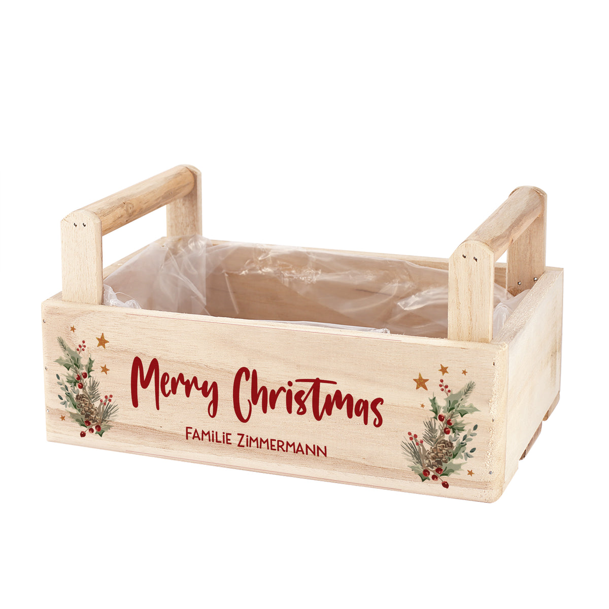 Geschenkkorb zu Weihnachten mit festlichem Motiv personalisiert mit Wunschtext | Pflanzkiste aus Holz
