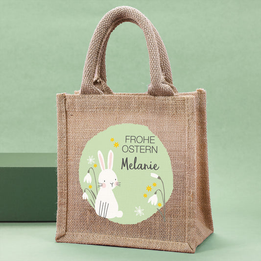 Personalisierte Jute-Ostertüte mit Namen | Osterhase und Blumen Motiv