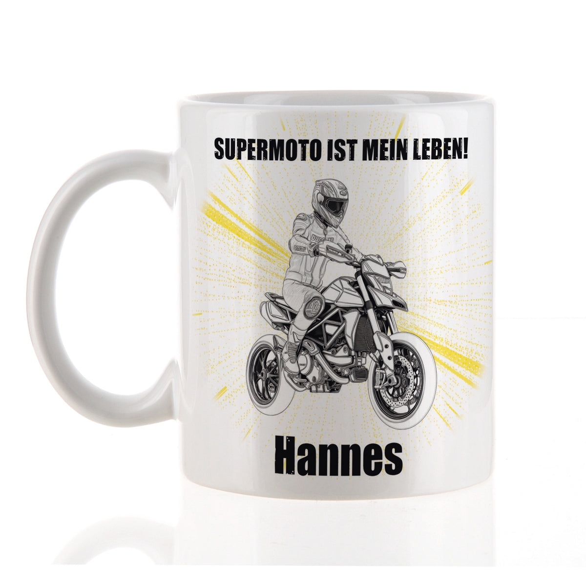 Kaffeetasse Supermoto mit Motorrad-Design, individuell gestaltbar mit Namen, Spruch und Schriftart