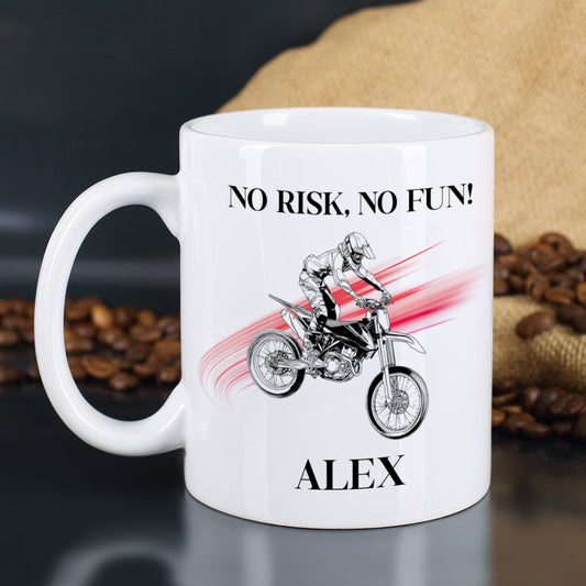 Personalisierte Motorrad-Tasse mit Name Alex und Spruch No Risk No Fun