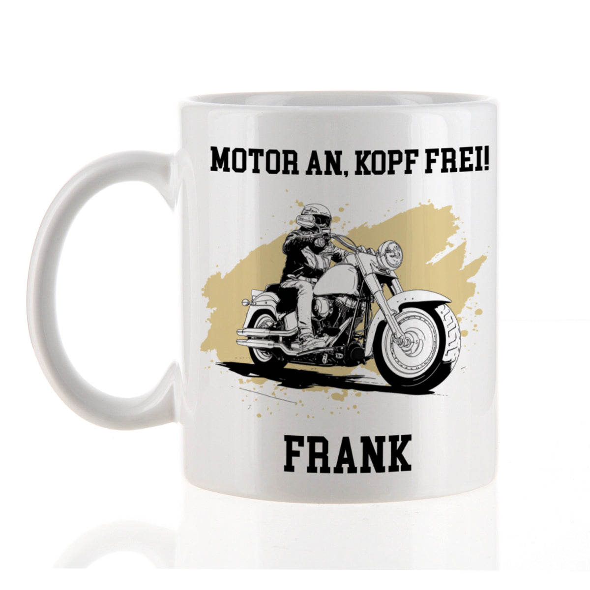 Keramiktasse mit Cruiser-Motiv, Wunschtext und Name Frank