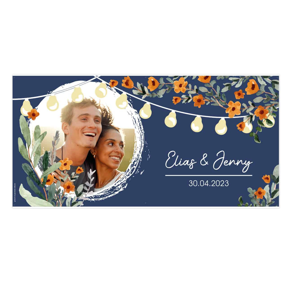Buntes Foto-Banner zur Hochzeit mit Wildblumen, Lichterketten und Ihren individuellen Angaben