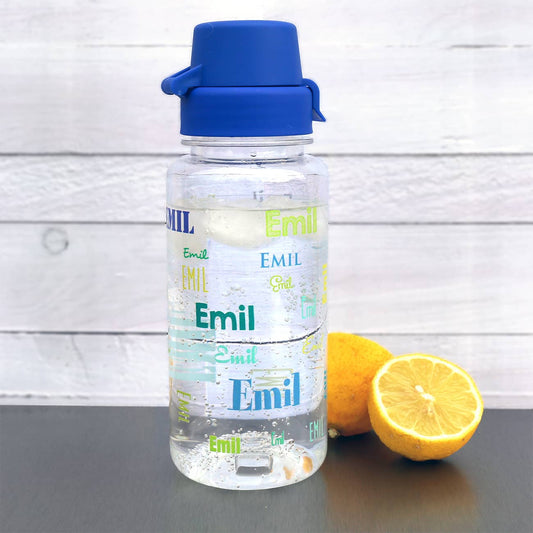 Transparente Trinkflasche mit Name in verschiedenen Schriftarten, 0,4 L