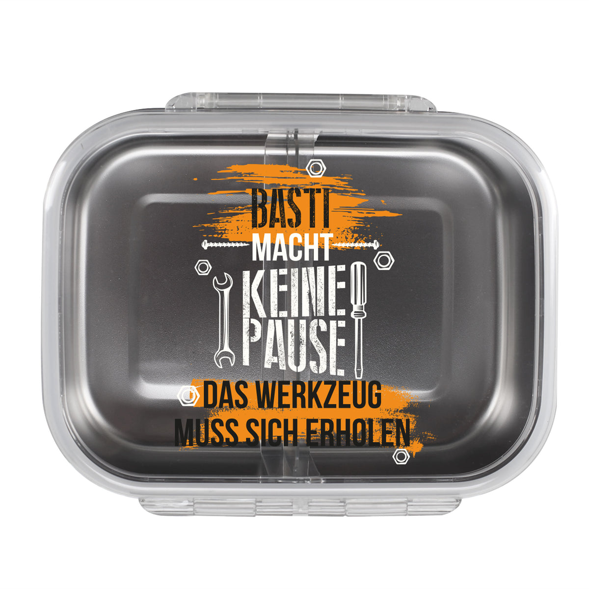 Frontalansicht der Brotdose mit vollständigem Motiv und Name „Basti“