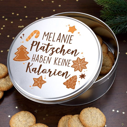 Personalisierte silberne Keksdose mit Spruch „Plätzchen haben keine Kalorien“ und Name Melanie, befüllt mit Keksen