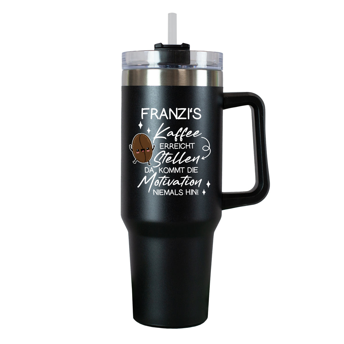Freigestellter Thermobecher in Schwarz mit Kaffee-Spruch und Namen