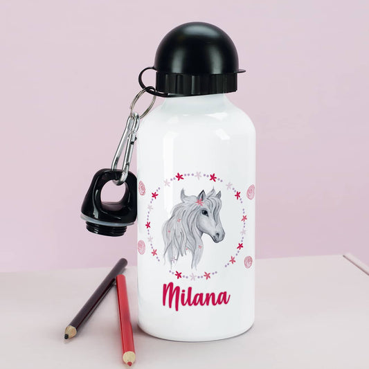 Trinkflasche mit Pferd, Blüten und Name