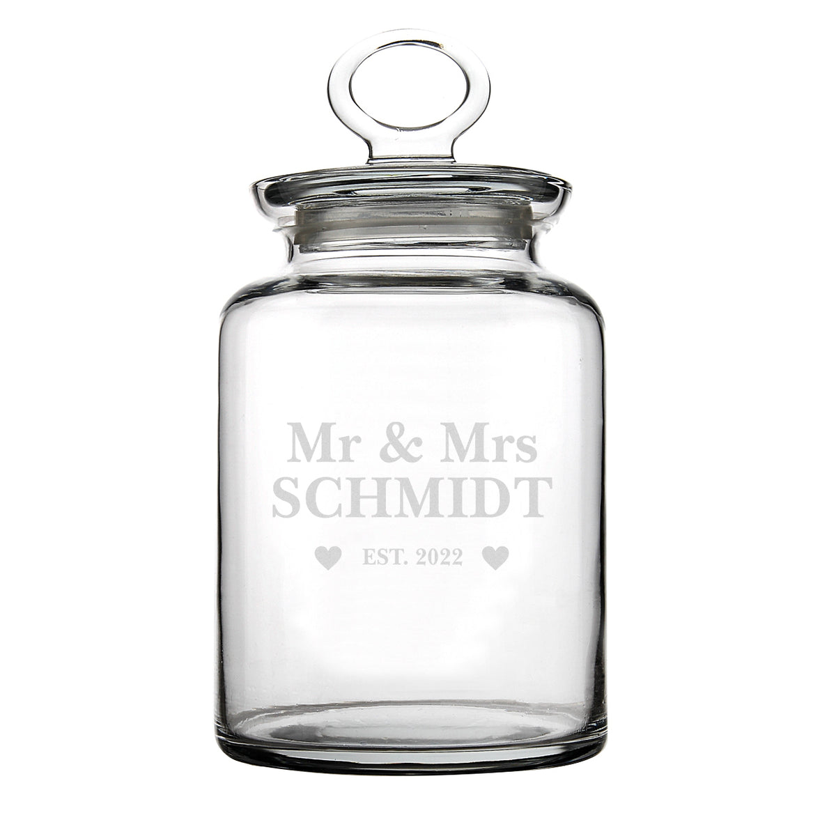 Glasdose für Mr und Mrs mit Wunschnamen und Jahr graviert
