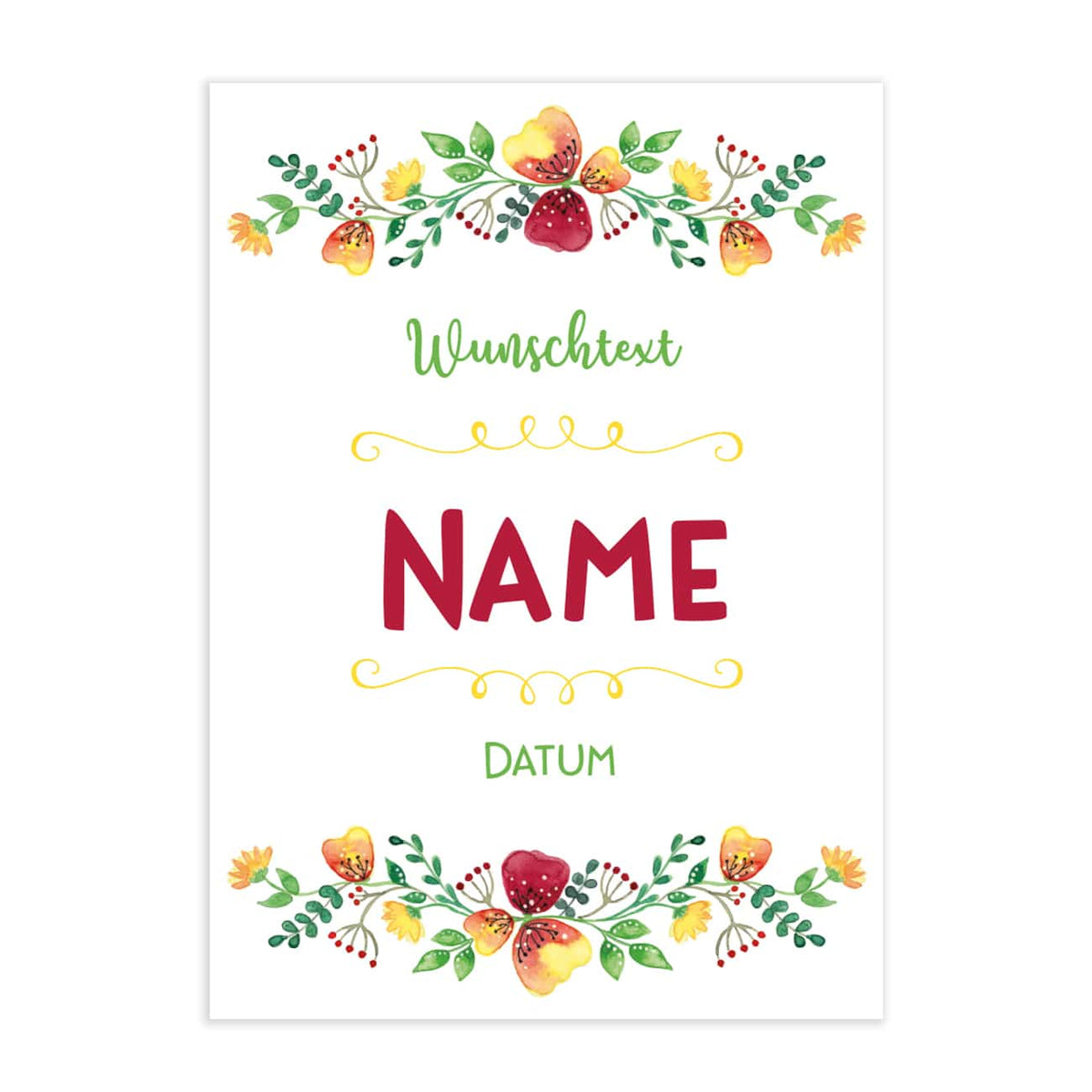 Klappkarte zur Kommunion, Konfirmation oder Taufe mit Ihrem Wunschaufdruck und schönen Blumenkränzen versehen