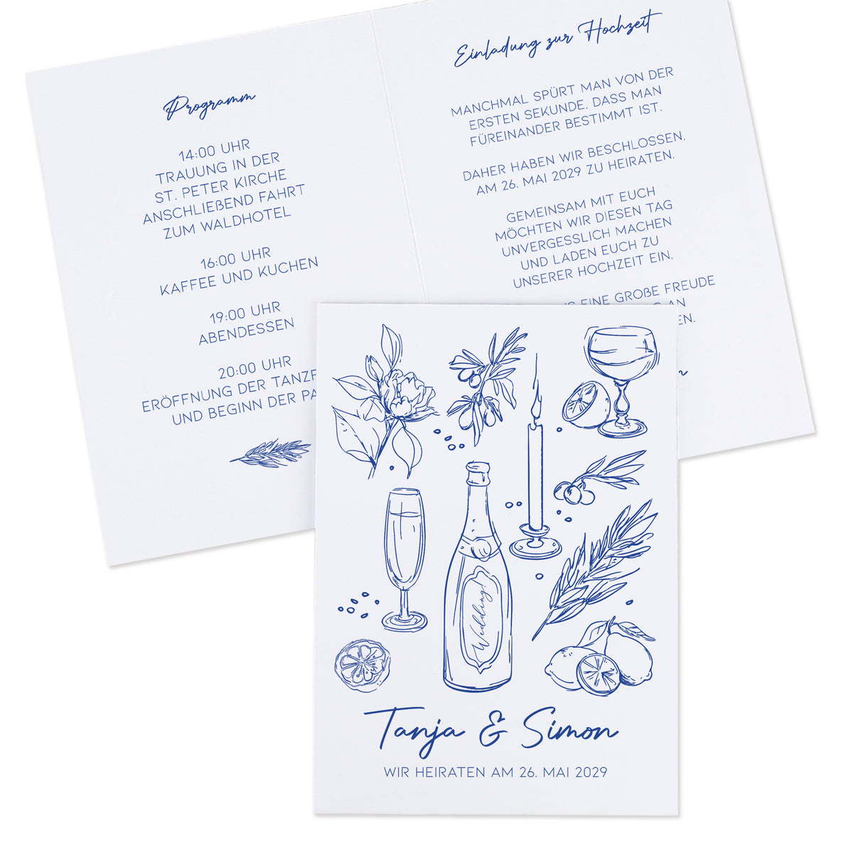 Vorderseite der personalisierten Hochzeitseinladung als Klappkarte mit mediterranem Line-Art Motiv, Namen und Datum, Beispiel „Tanja & Simon“