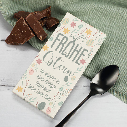 Schokoladentafel zu Ostern mit Wunschtext und pastellfarbenen Motiven | 100g