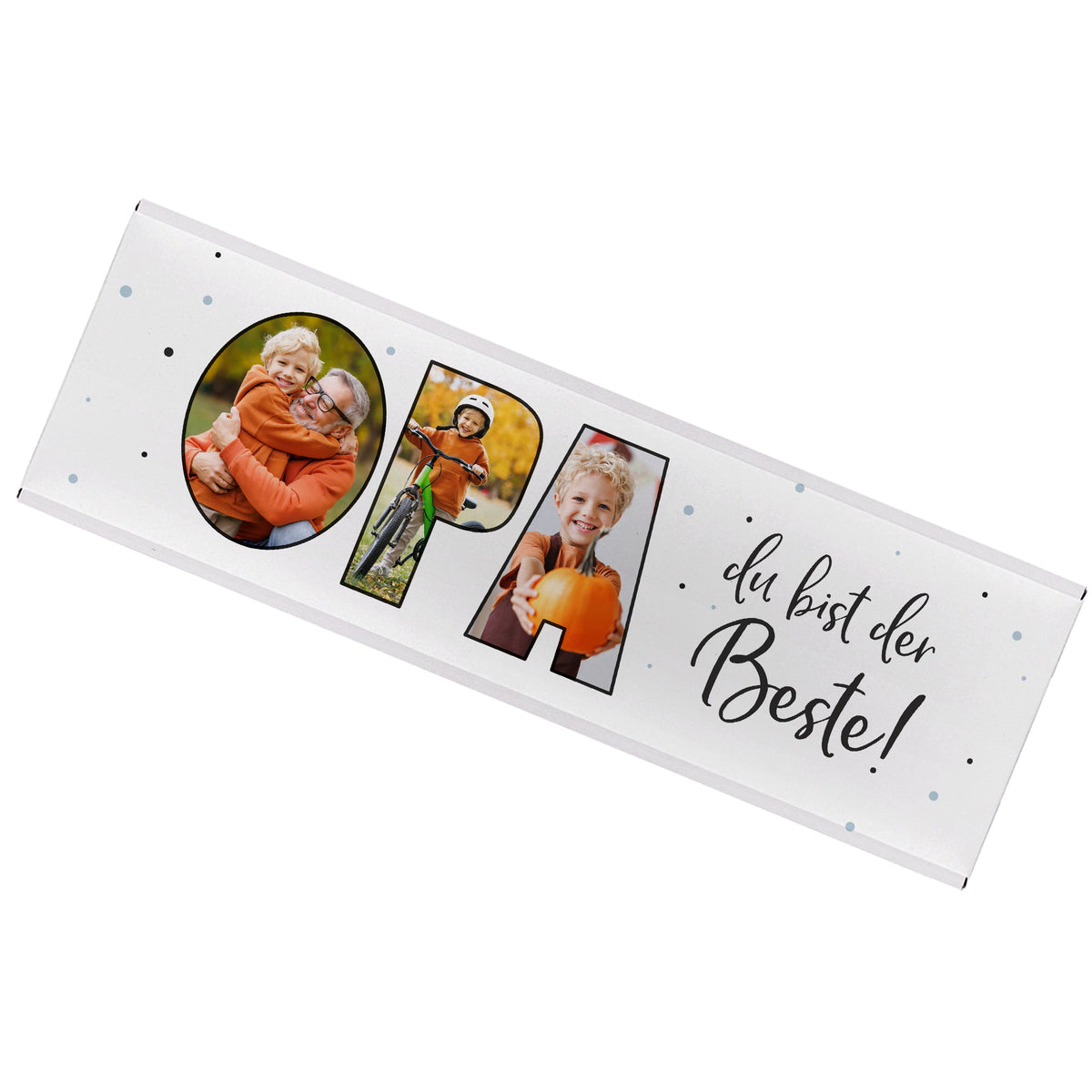 Freigestellte Schokoladentafel für Opa mit 3 Fotos und Aufschrift „Du bist der Beste!“
