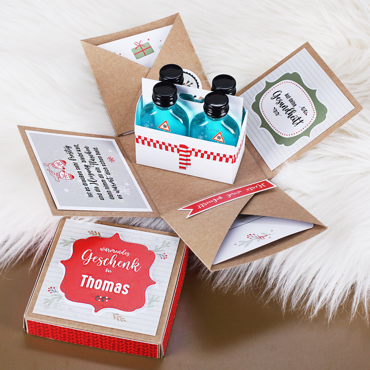 Wärmendes Wintergeschenk - Überraschungsbox mit Alkohol als Verpackung für Geld & Gutscheine
