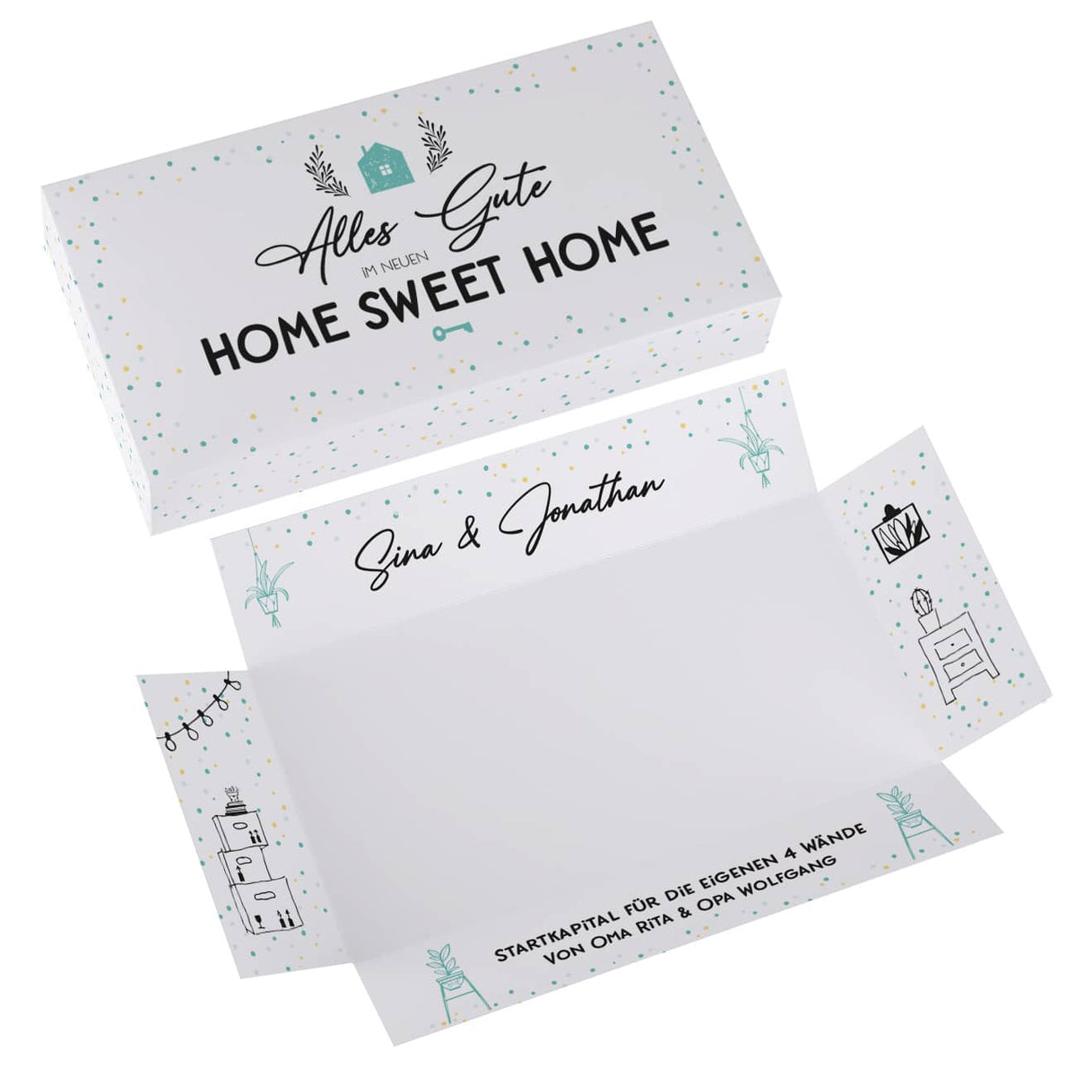Geldgeschenk Home Sweet Home - Explosionsbox mit Namen und Text
