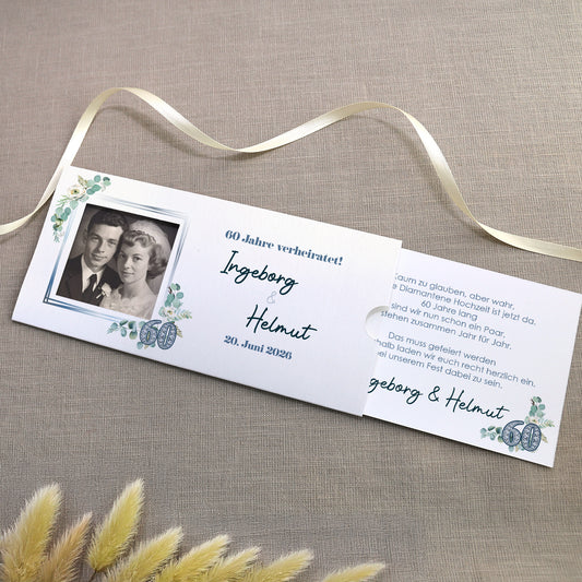 Hochzeitseinladung - Ziehkarte mit zwei Fotos zur Diamantenen Hochzeit mit Wunschdaten