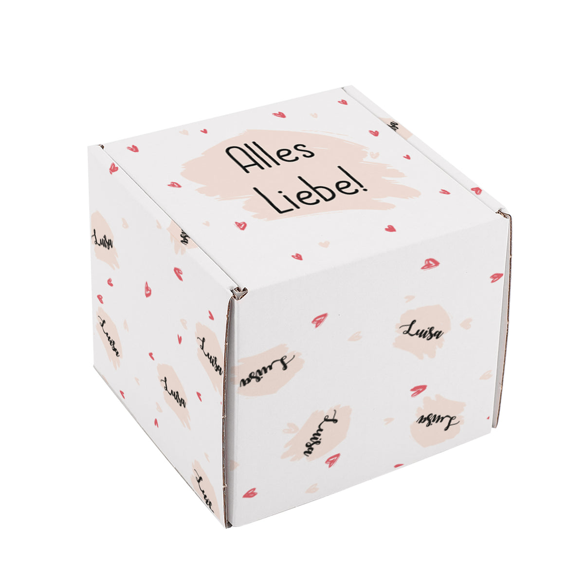 Geschenkbox mit Herz-Motiv personalisiert mit Name & Wunschtext freigestellt auf weißem Hintergrund.